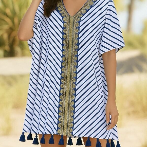 Cabana Life Embroidered Tasseled Swim Cover Up Nautical Blooms Size S/M - Picture 1 of 12